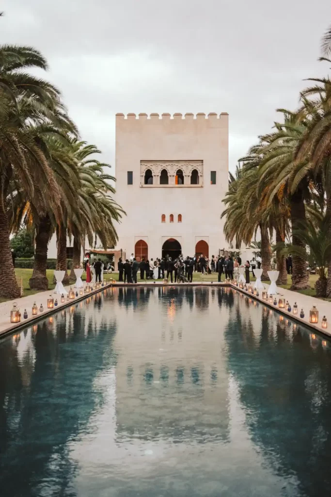 Chic wedding guests poolside reception